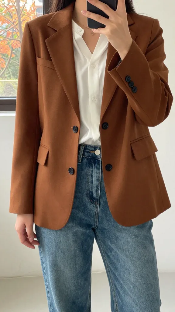 Mirror selfie of a brown cognac jacket paired with a white blouse and mid-wash denim, shot from chest to knees, no facial features, soft autumn light coming through a window.
