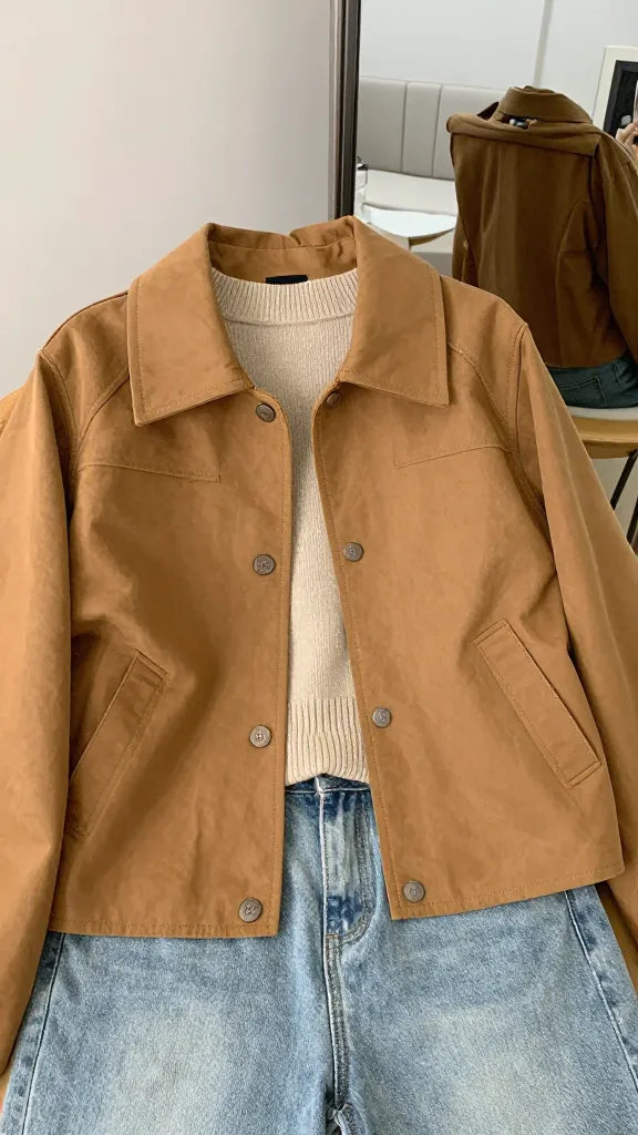 Over-the-shoulder shot of a light brown caramel jacket thrown over a chair, a beige knit top and light jeans visible, mirror includes part of a cozy living room setup, no model face.