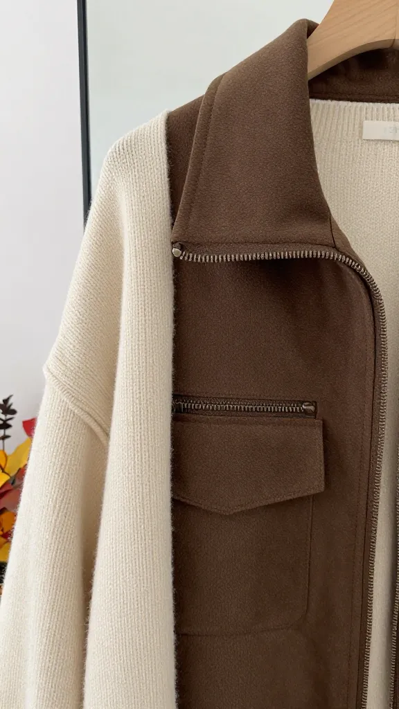 Close-up image of a brown jacket zipper and pocket details, layered over a cream oversized cardigan, reflected in a wall-mounted mirror, subtle fall decor in the background.