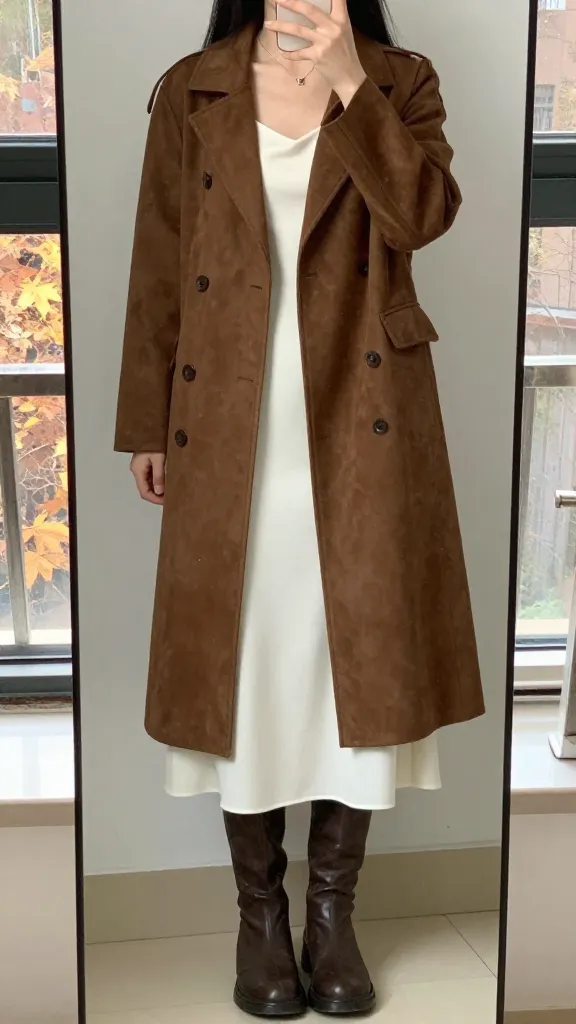 A mirror selfie focusing on ankle-length brown suede jacket paired with a white slip dress and knee-high boots, reflected in a full-length mirror, no faces, autumn leaves visible through window.