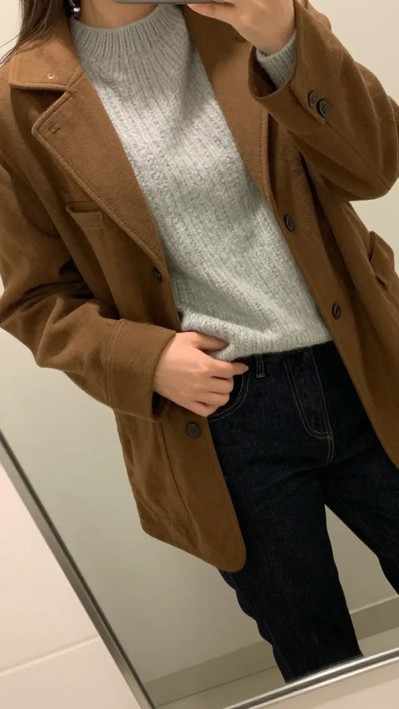 Image of a brown jacket layered over a soft grey sweater and dark denim, taken as a diagonal mirror reflection from a bathroom mirror, hands adjusting the hem, face not shown.