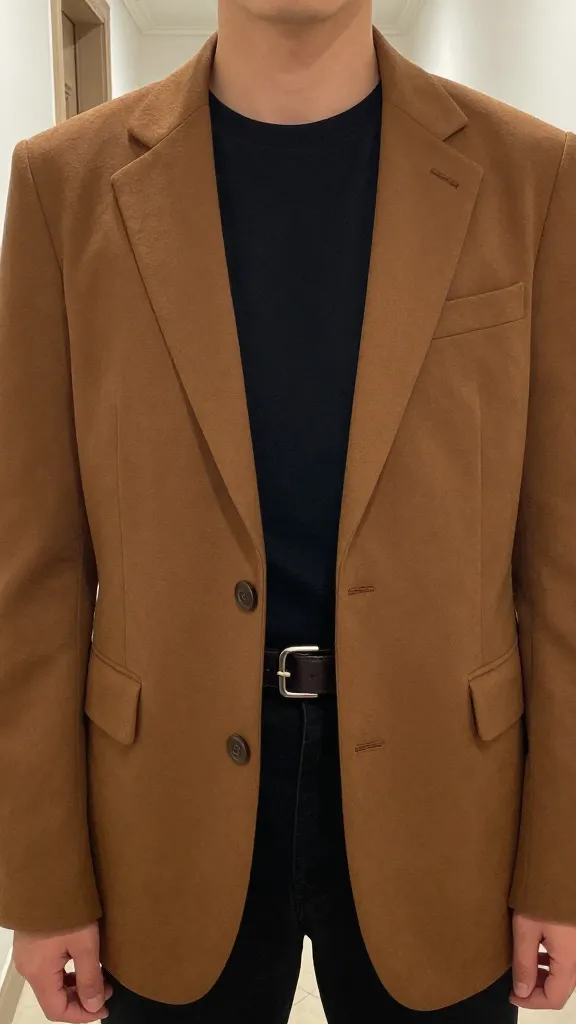 Front-facing mirror selfie of a caramel-brown blazer styled with a black tee and leather belt, cropped to waist level, reflective surface showing a simple hallway backdrop, no visible faces.