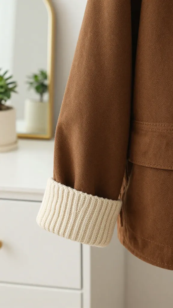 Detail shot of a brown jacket sleeve with rolled cuff over a cozy cream knit, placed on a dresser mirror with a small plant and candle in the background, no model, focus on texture and color.