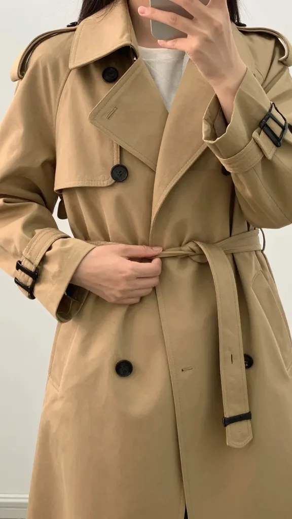 A close-up mirror selfie of a woman adjusting a tailored camel trench coat, focusing on the belt and stitching details, no visible face, neutral background.