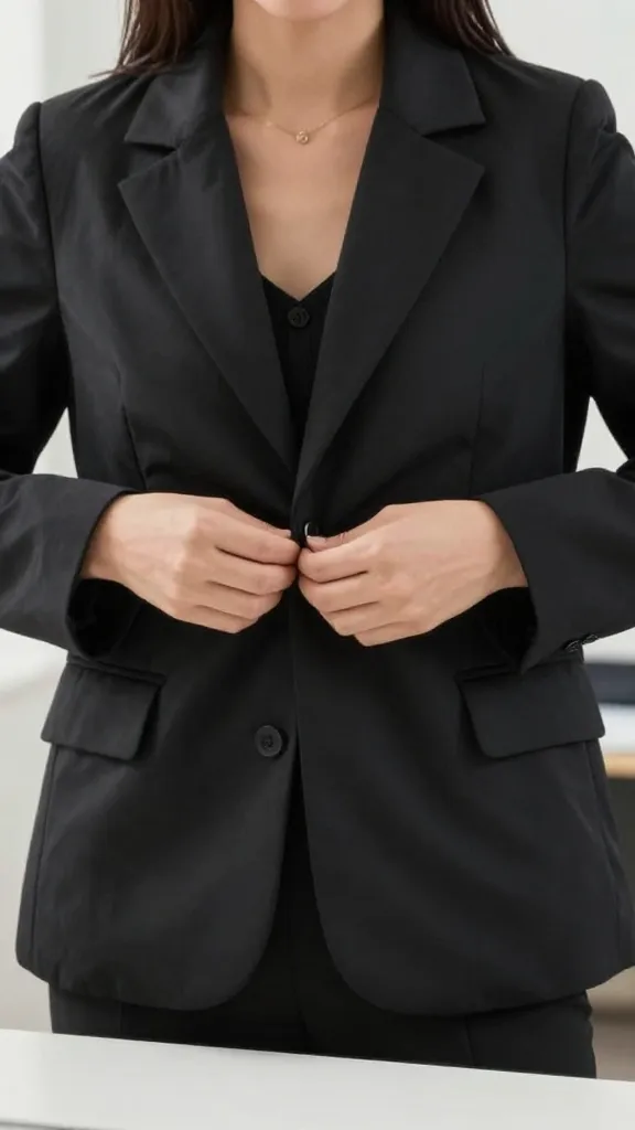 A close-up shot of a woman’s hands buttoning a sleek black blazer-style puffer, captured in a mirror with the reflection showing a hint of office-inspired outfit underneath.
