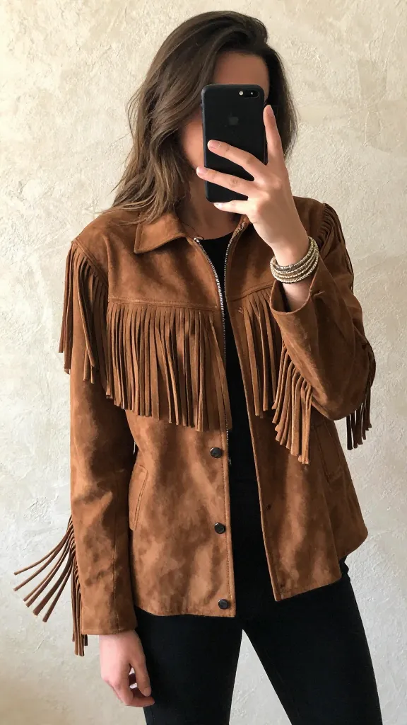 A mirror selfie of a woman wearing a boho-inspired suede fringe jacket, standing in front of a textured wall, capturing the fringe movement and layered bracelets.