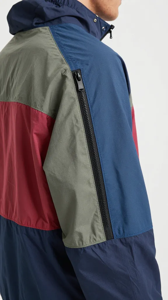 A close-up image of a sporty windbreaker with color-block panels, captured from the side profile in a mirror, focusing on the zipper detail and breathable fabric texture.