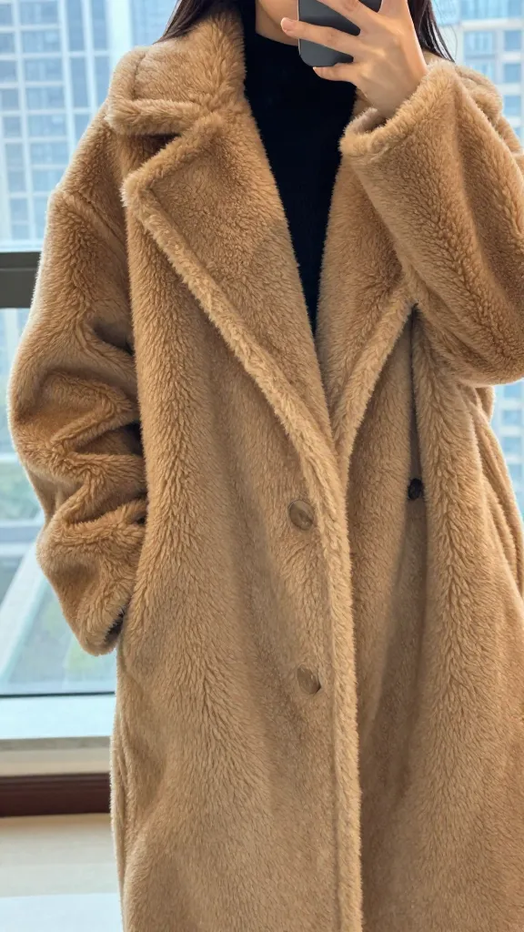 A mirror selfie of a woman in a camel teddy coat, close-up from the waist up, showing plush fabric texture and oversized lapels with a blurred city backdrop through the window.