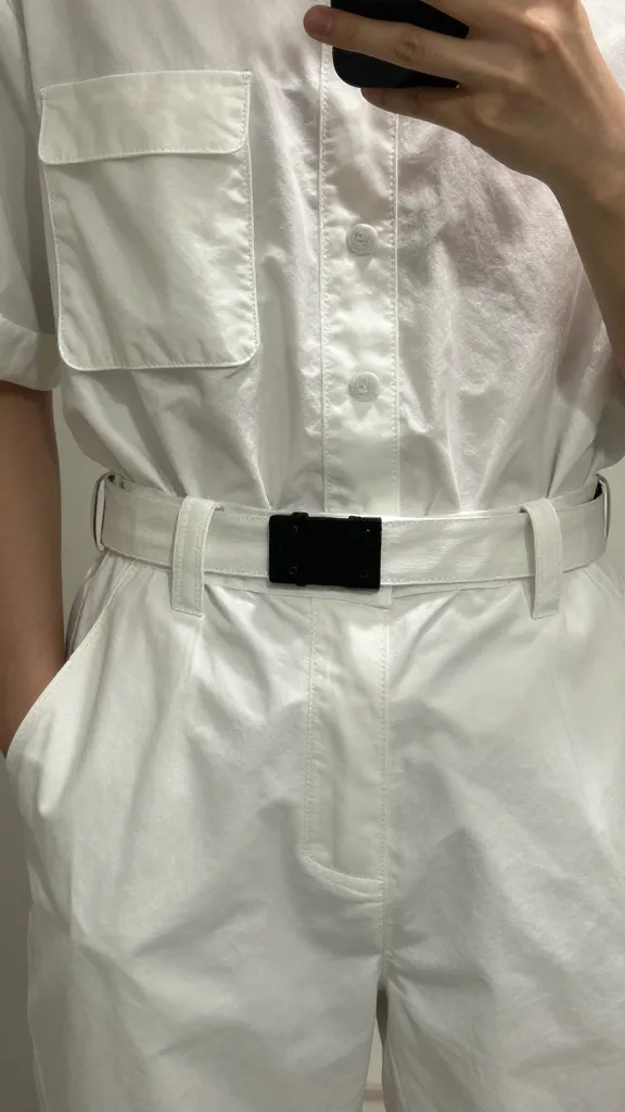 A close-up of a structured trench with utility pockets, taken as a mirror selfie from chest height, focusing on the belt loop, fabric sheen, and stitching.