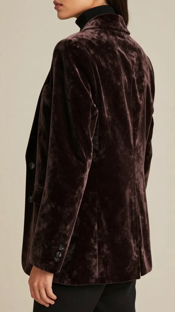 A back-and-side view mirror shot of a woman wearing a velvet blazer over a turtleneck, highlighting the rich texture and how it drapes, with a soft, neutral interior behind.