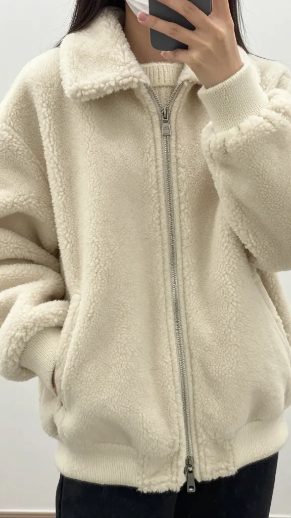 A close-up mirror selfie of a cream-colored shearling aviator jacket, focusing on the collar and zip hardware, with the model’s hands tucked in and a cozy knit sweater peeking out.